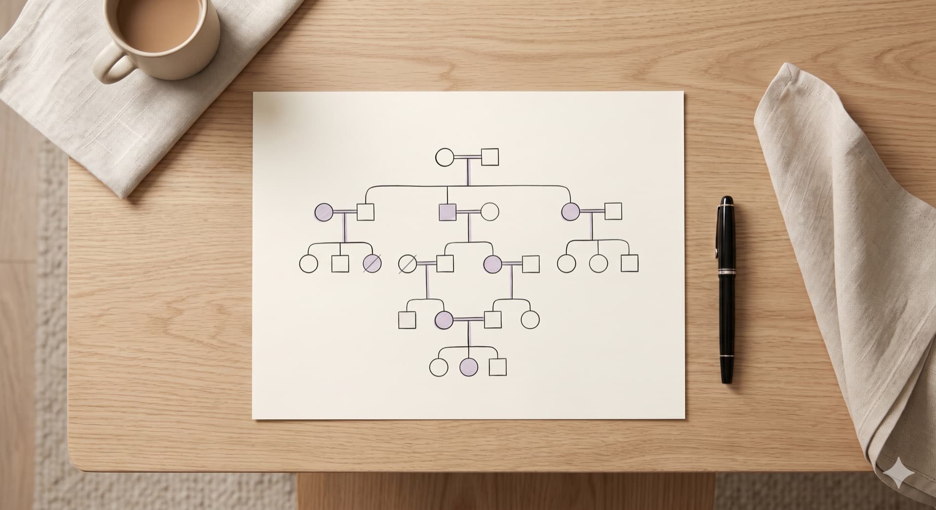 A hand-drawn family pedigree on paper, resting on a coffee table